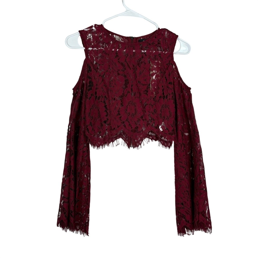 DO+BE Lace Crop Top Burgundy Cold Shoulder Bell Sleeve Boho Festival SMALL - Picture 2 of 8